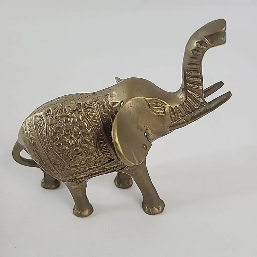 Vintage Solid Brass Elephant Figurines Pair Trunk Up Mid Century Decor